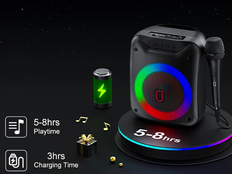 Black portable wireless speaker with a rainbow LED light ring, handheld microphone, and 5-8 hours of battery life.