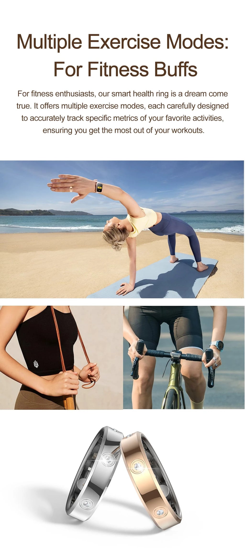 Two slim smart health rings in polished silver and rose gold, featuring embedded sensors, shown with fitness imagery.