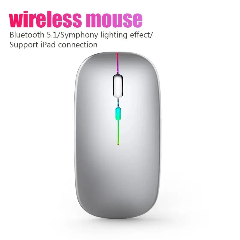 Sleek silver wireless rechargeable gaming mouse with a slim profile and colourful RGB LED backlight strip.