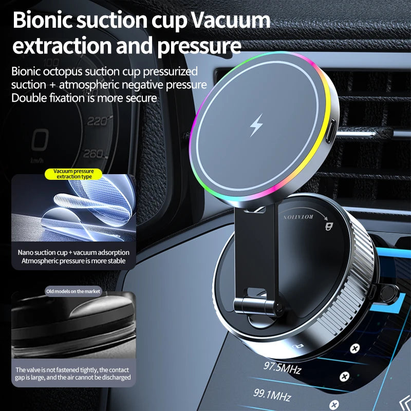Magnetic car phone mount with a black finish and vibrant, circular RGB LED light accent, mounted on a car air vent.
