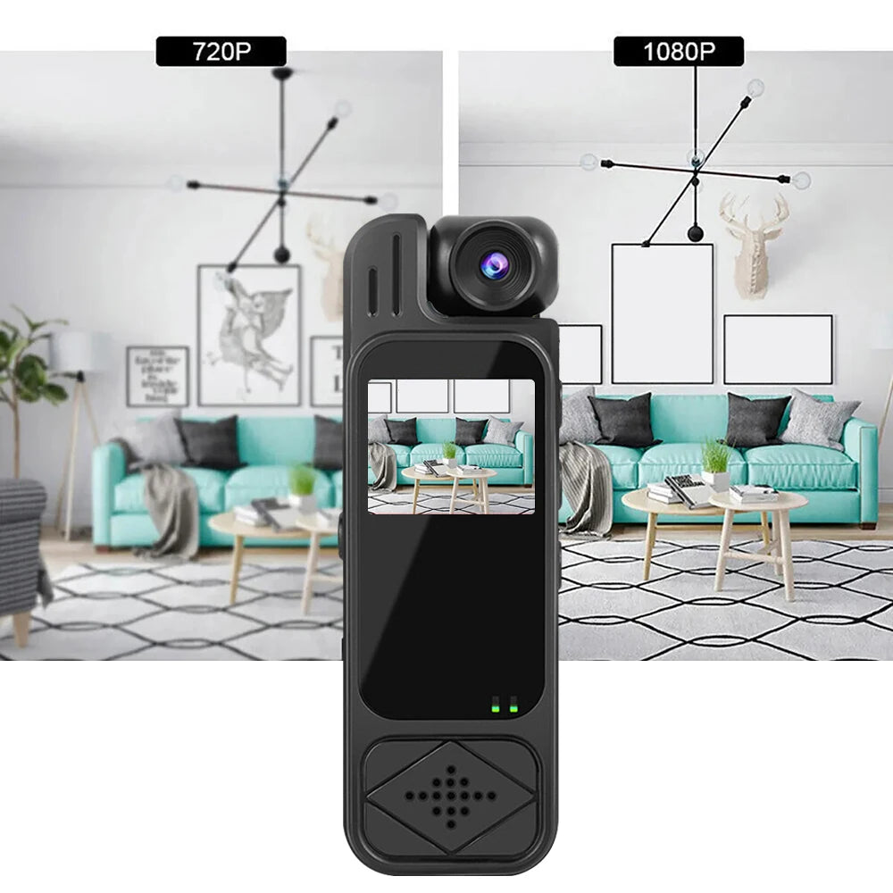 Black plastic body camera with a built-in screen, top-mounted lens, and speaker, showing 720p and 1080p resolution.