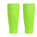 Pair of lime green football calf sleeves with ribbed top cuffs for a secure fit.