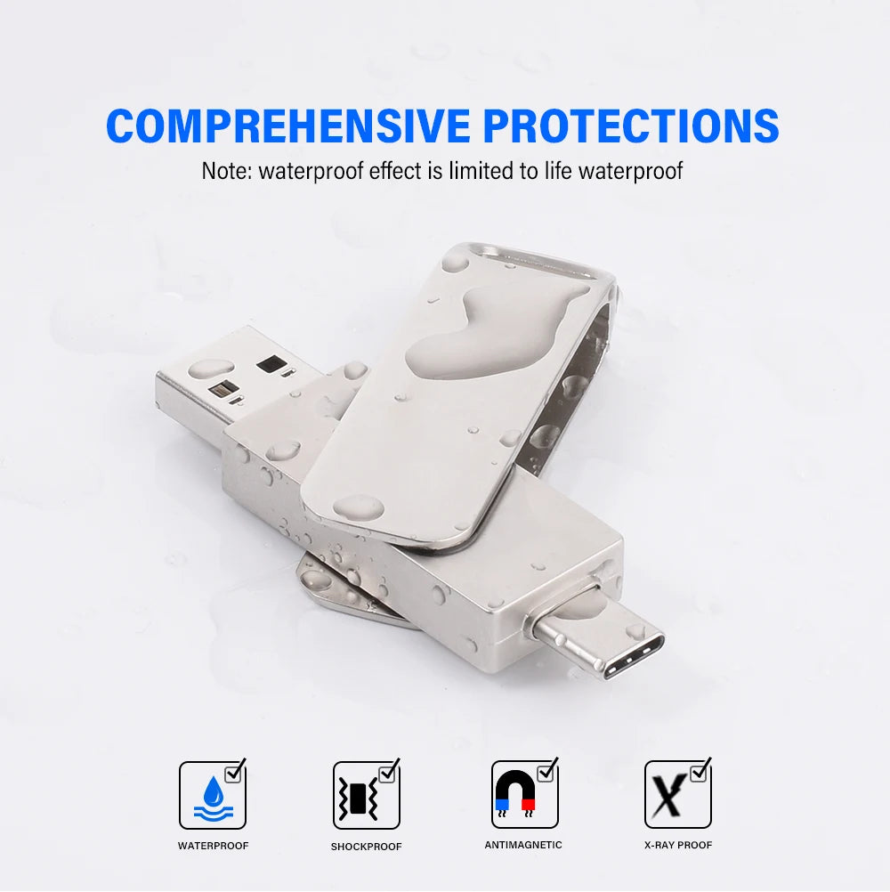Silver metal 2-in-1 dual USB-C and USB flash drive, waterproof, shockproof, antimagnetic, and X-ray proof.