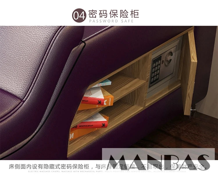Close-up of a purple upholstered bed frame featuring built-in wooden shelving and a hidden integrated digital safe.