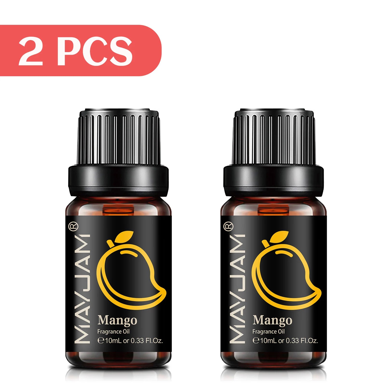 Two 10ml amber glass bottles of mango-scented fragrance oil with black caps, displayed side-by-side.