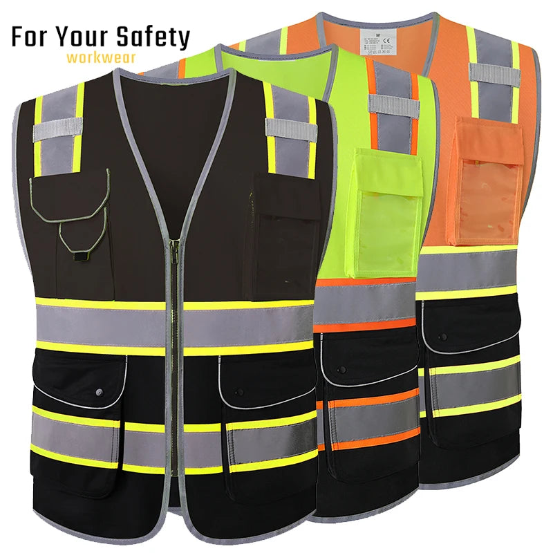 Three utility workwear vests in black, high-vis yellow, and orange, featuring front pockets and reflective tape.