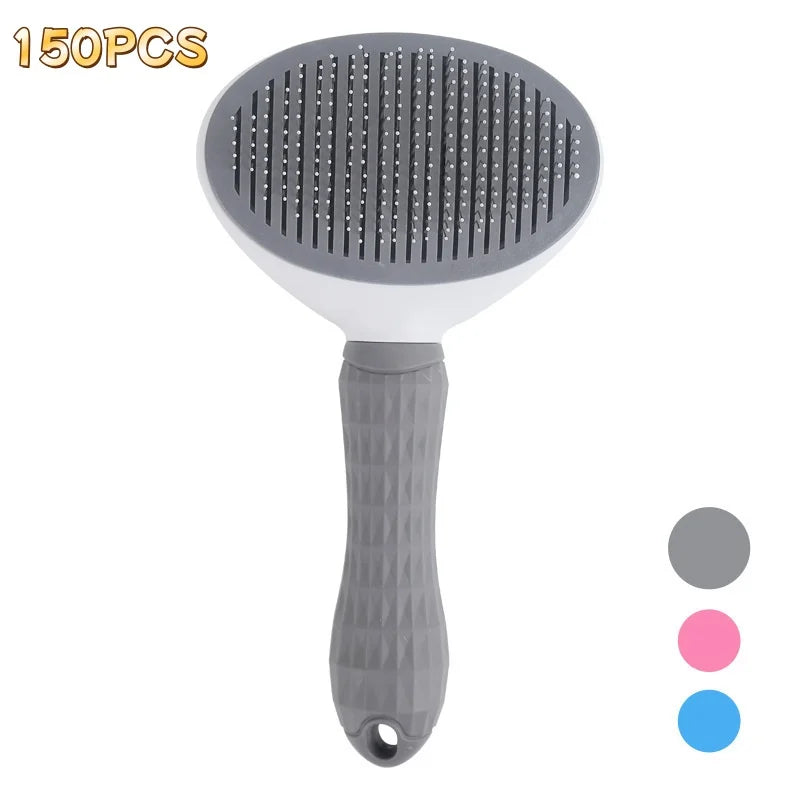 Grey and white pet grooming slicker brush with a textured handle and pin-bristle head. Choice of grey, pink, or blue.
