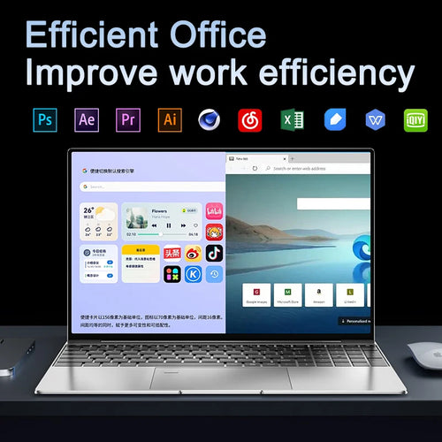 Sleek silver 15.6-inch ultra-slim laptop with a bright, split-screen display, ideal for high-performance office work.