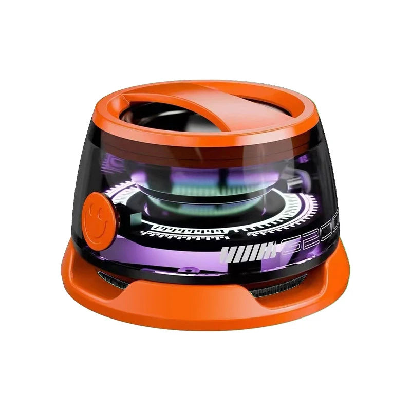 Orange portable Bluetooth speaker featuring a circular design, glowing RGB lighting, and an integrated phone holder.