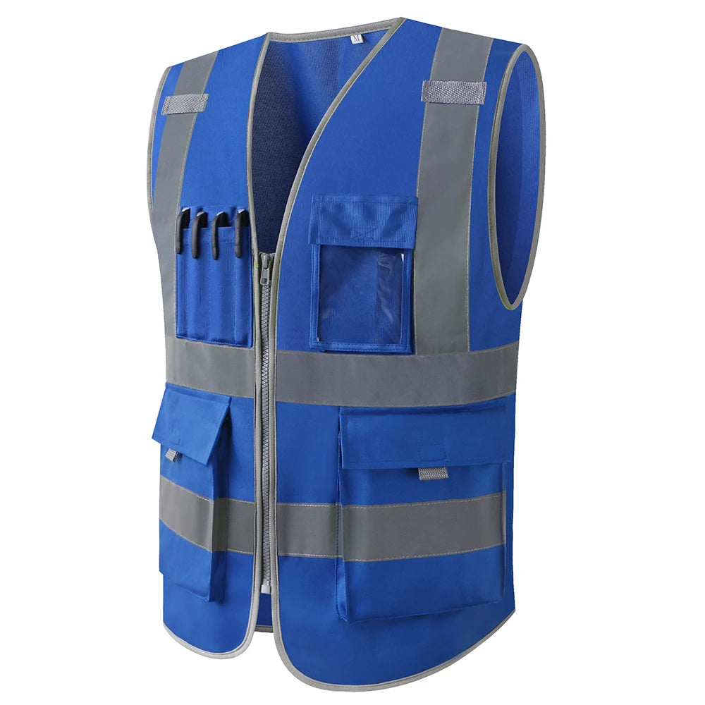 Blue hi-vis safety vest with reflective strips, zip front, clear ID pocket, and multiple storage compartments.