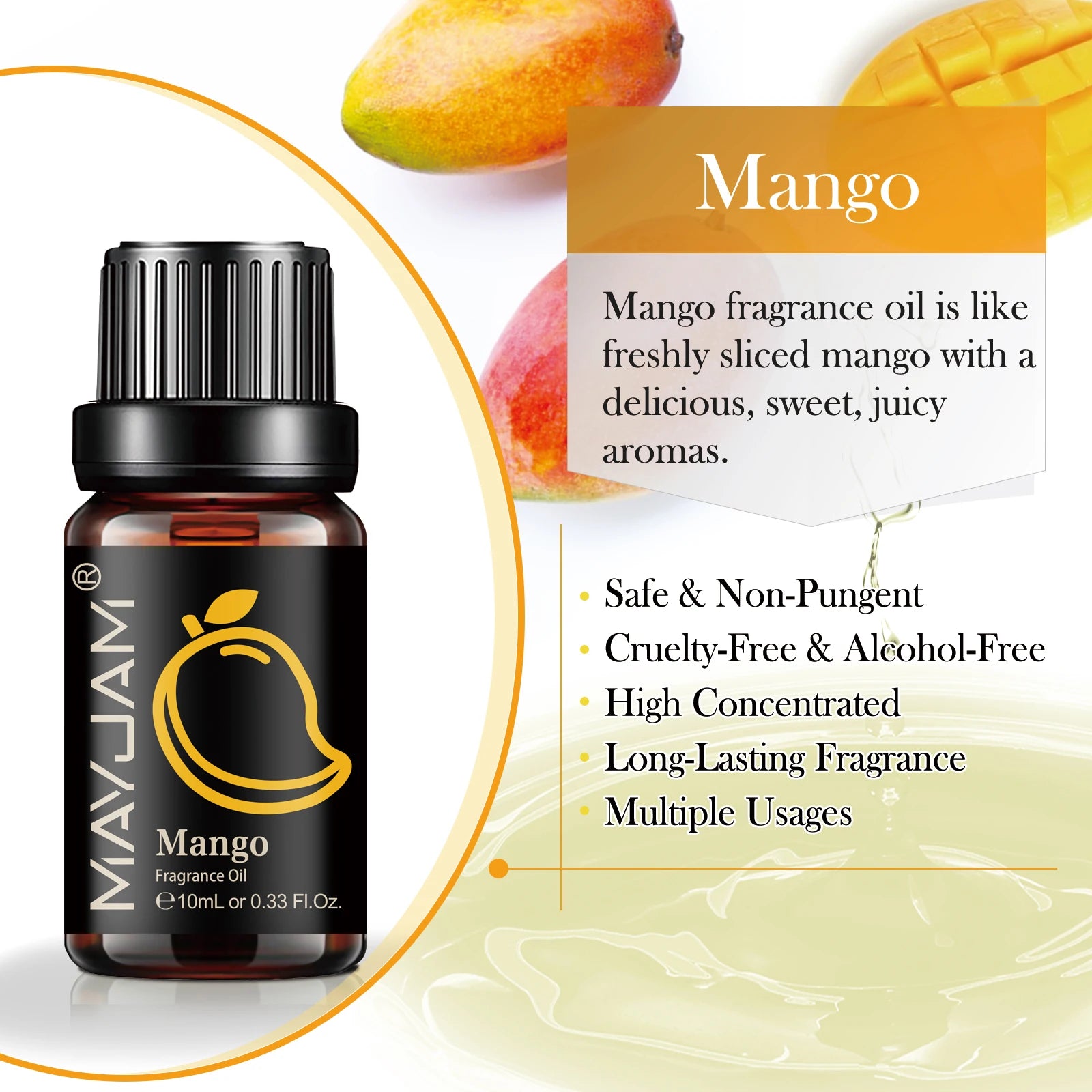 10ml bottle of mango-scented fragrance oil with a black cap and mango-themed label on a white background.