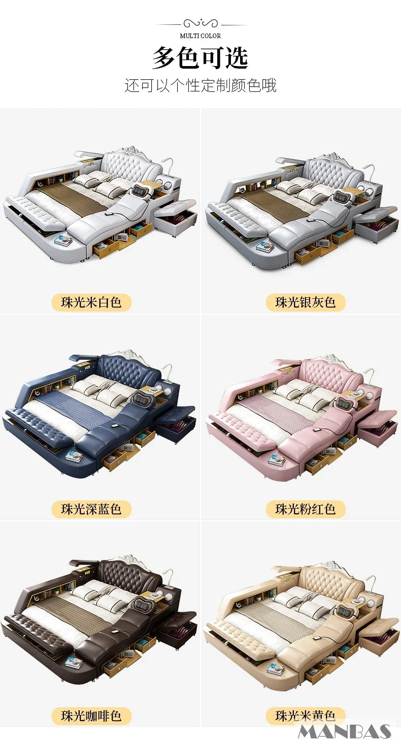 A collage of multifunctional smart beds in various colours, featuring storage, massage units, and integrated lighting.