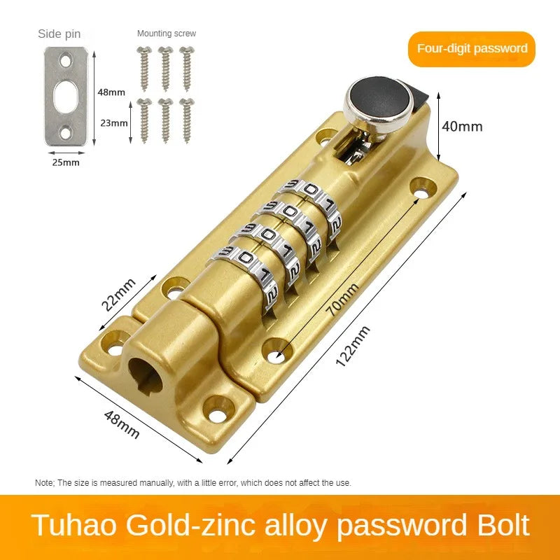 Gold-colored zinc alloy door bolt with a four-digit combination lock, including mounting screws and a side pin.