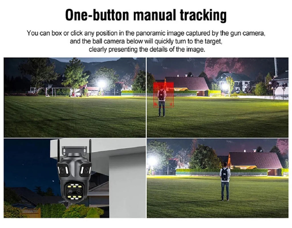 Grey outdoor quad-lens security camera featuring manual tracking, night vision, and human detection capabilities.
