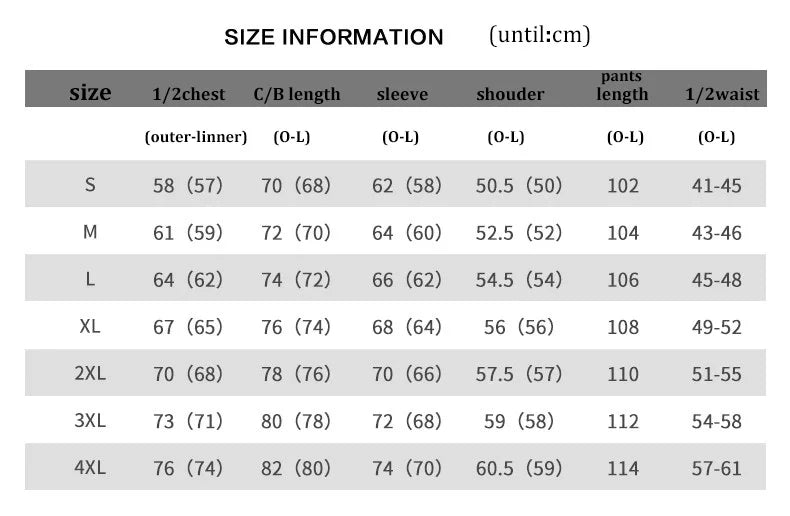 Size guide table for 3-in-1 hi-vis waterproof workwear jacket and trousers, displaying measurements in centimetres.