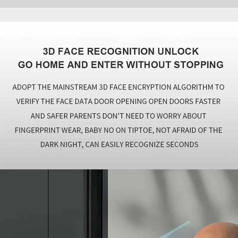 A dark grey metal smart door lock featuring 3D face recognition technology for secure, hands-free entry.