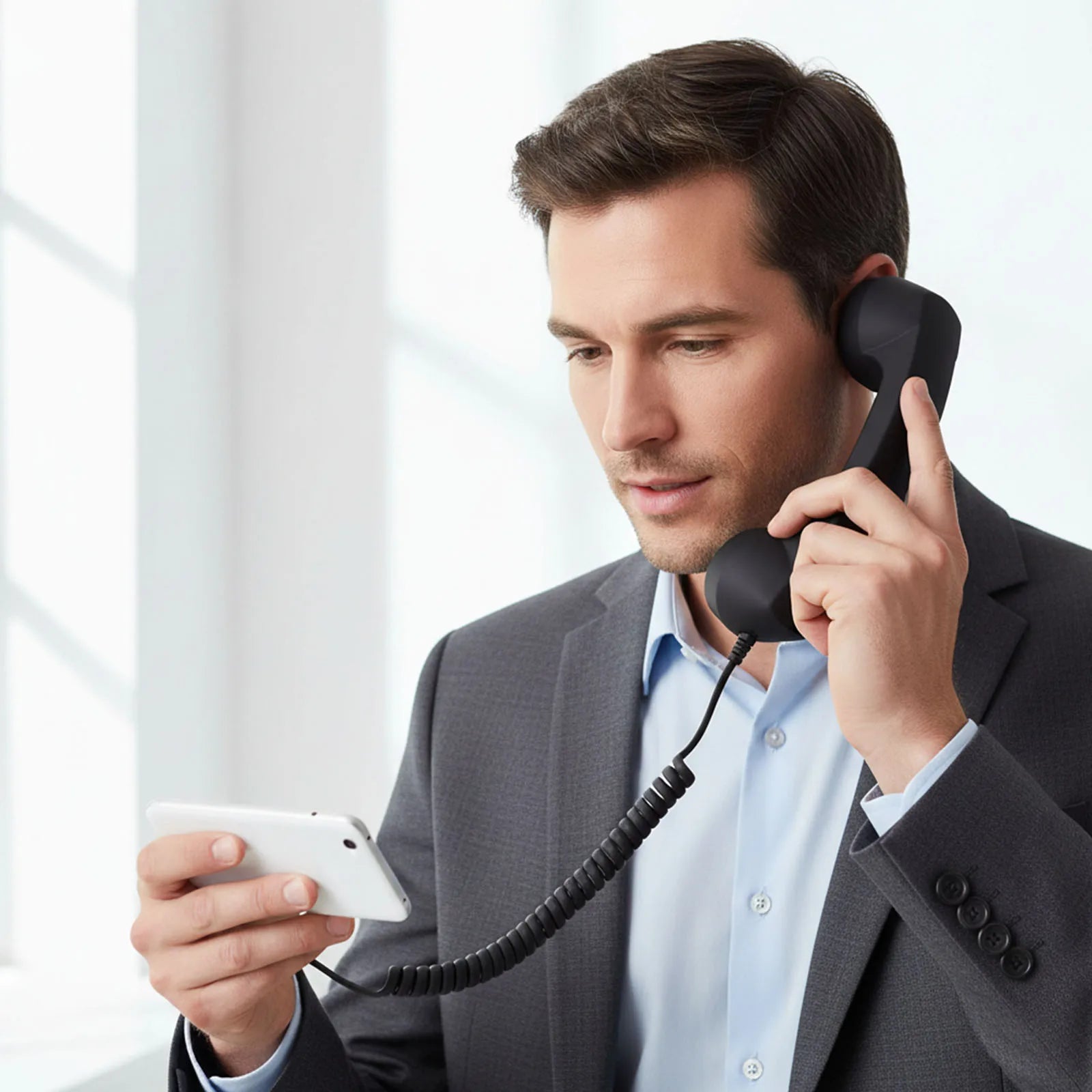 A businessman in a grey suit using a retro-style black handset plugged into his white smartphone.