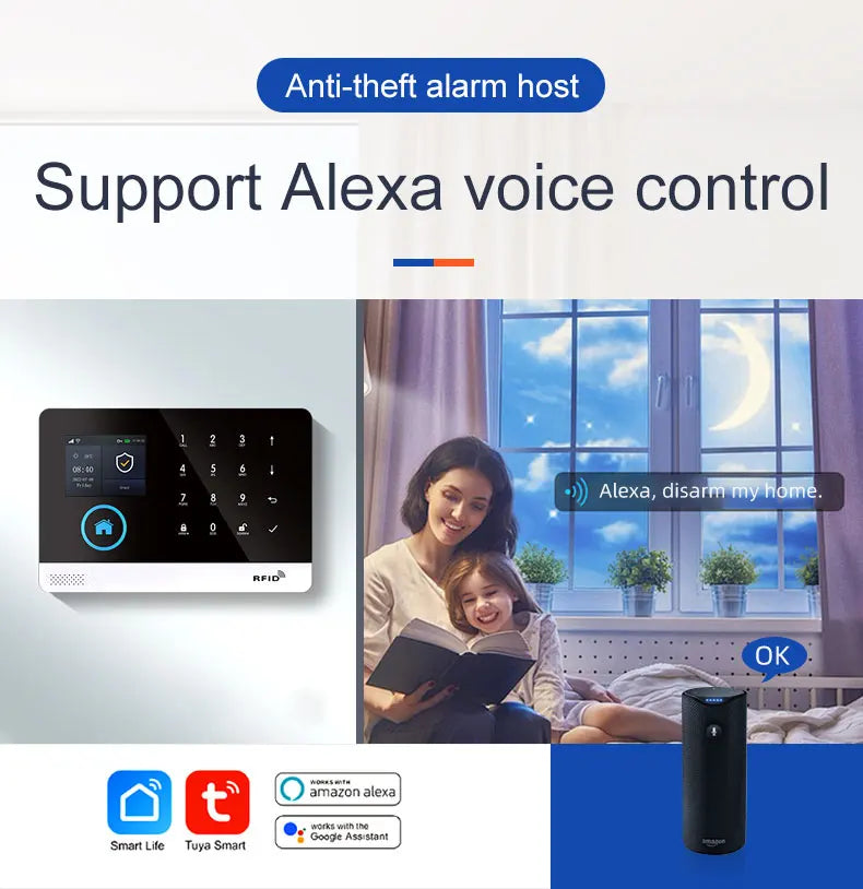 Sleek black and white wall-mounted smart home alarm panel with digital keypad and voice-controlled assistant.
