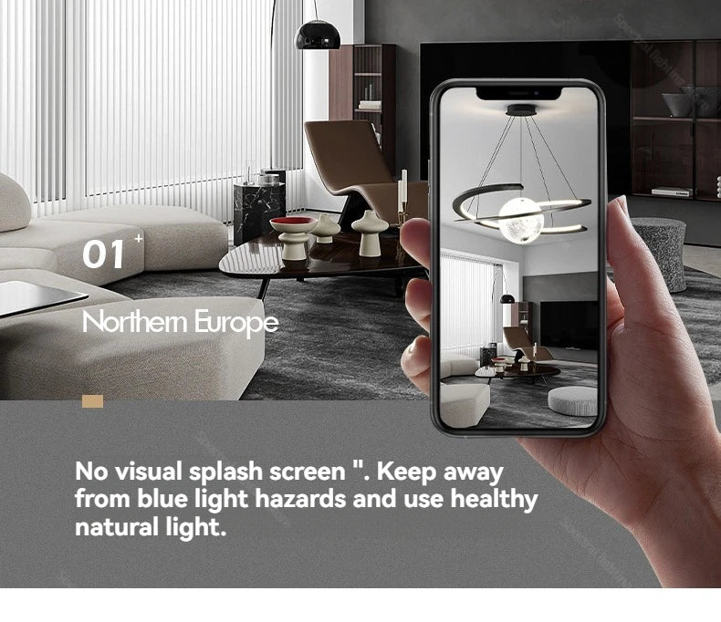 Modern black pendant lamp with a glowing orb, displayed on a smartphone screen in a stylish, minimalist living room.