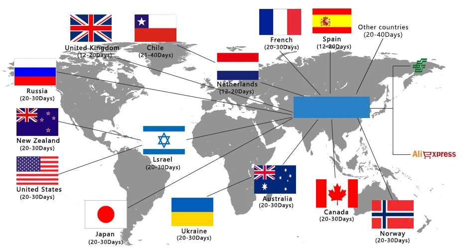 World map diagram showing estimated AliExpress shipping delivery times to various countries marked with national flags.