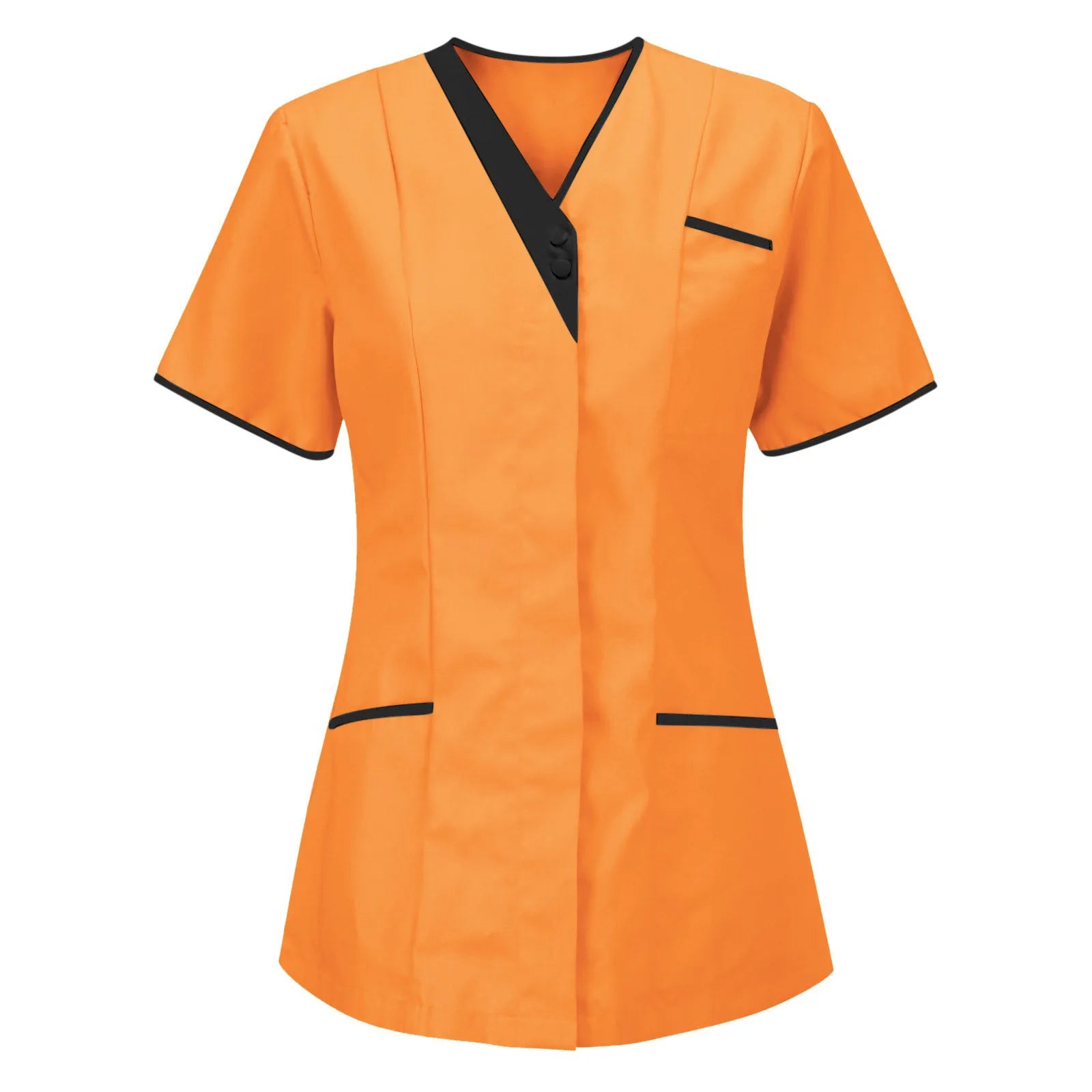 Orange healthcare tunic with black v-neck trim, short sleeves, concealed buttons, and two side pockets.