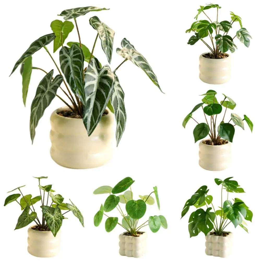 Artificial bonsai plants with green tropical leaves in various shaped white ceramic pots against a white background.