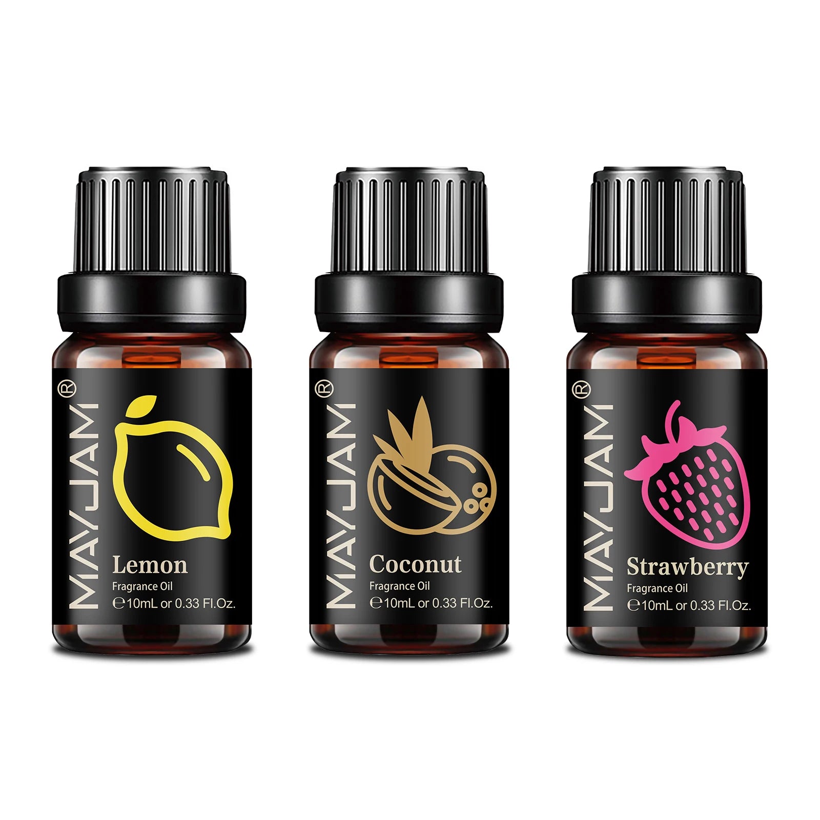Three 10ml amber glass fragrance oil bottles with black caps, featuring lemon, coconut, and strawberry label designs.