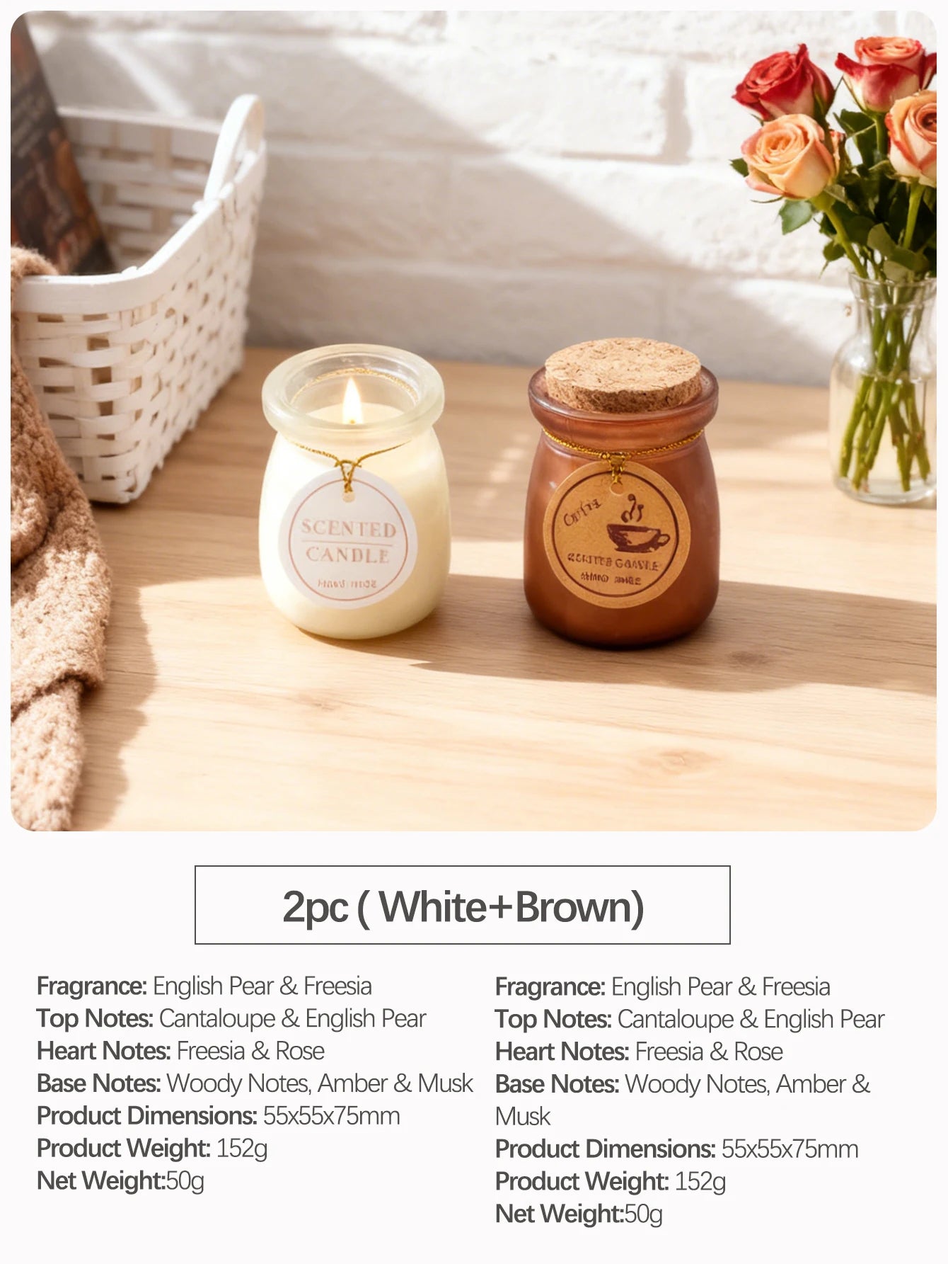 Two-piece scented candle set in cream and brown glass jars with cork lids and rustic labels on a wooden table.