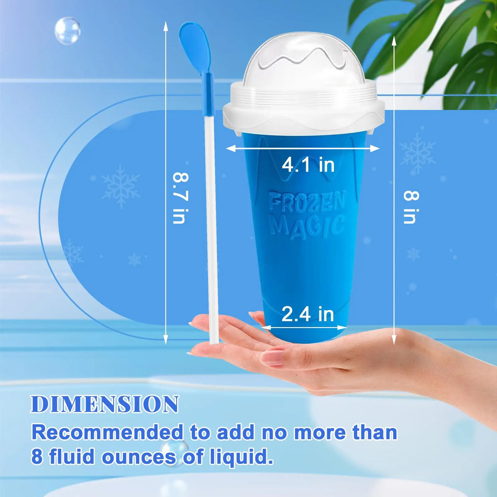 A blue DIY slushy maker cup with a white lid and matching spoon, showing its measurements and dimensions.