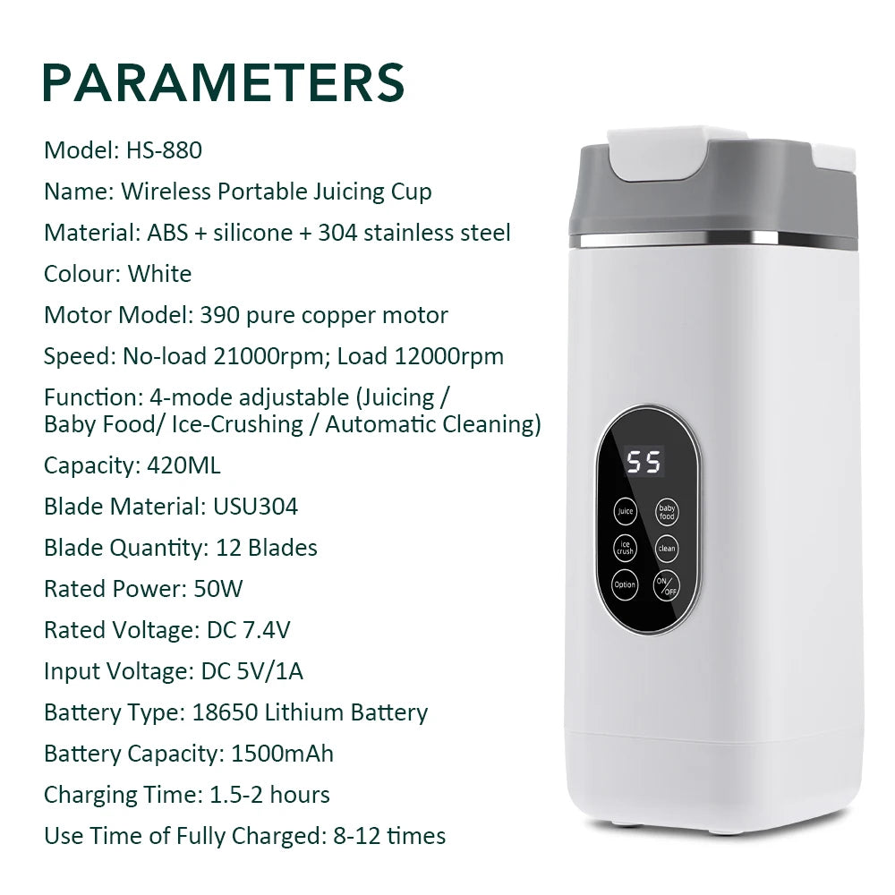 White portable wireless juicing cup with a grey top and digital control panel featuring mode buttons.