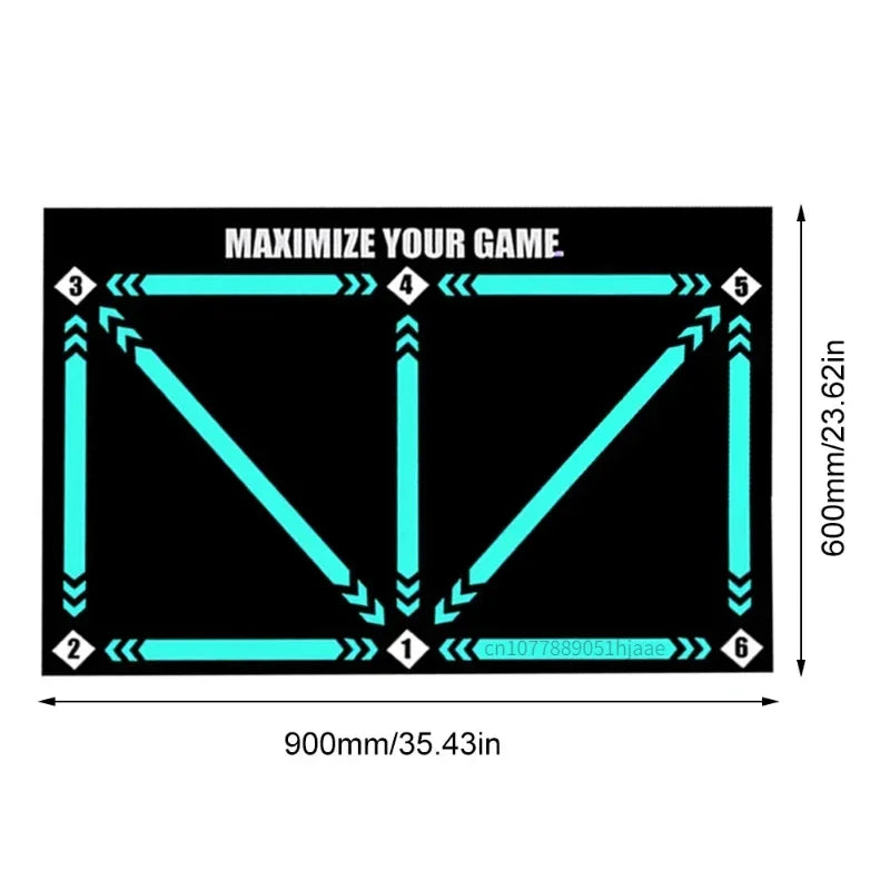 Black gaming desk mat featuring a cyan geometric light-up design with numbered markers and measurement dimensions.