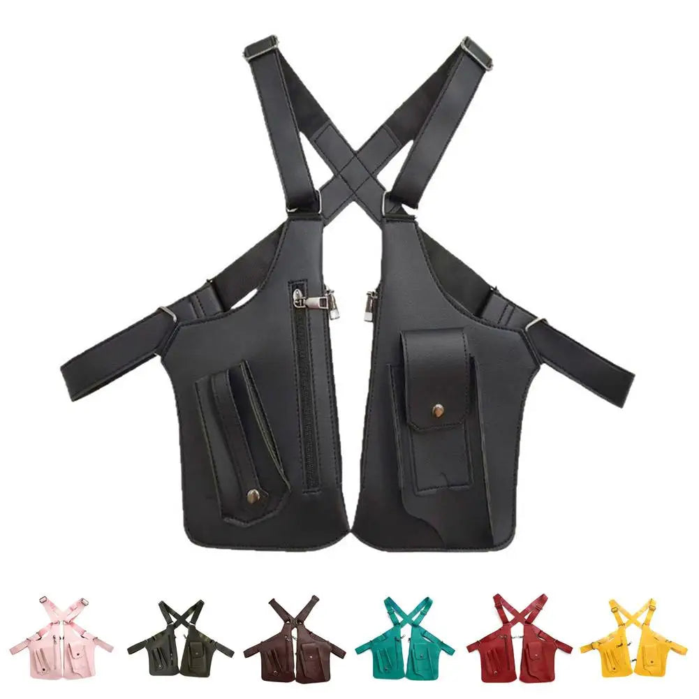 Black tactical chest holster bag with adjustable straps, zip compartments, and snap-button pockets. Multiple colours shown.