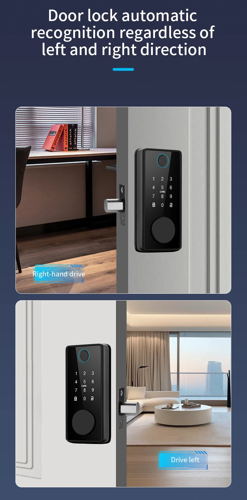 Black electronic smart door lock with touchscreen keypad and fingerprint reader, shown installed on left and right doors.