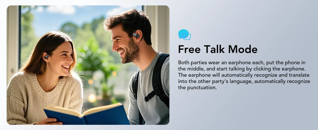 Two people wearing sleek, black, ergonomic over-ear translation earpieces while interacting and reading a book.