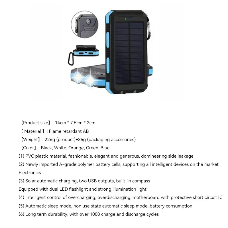 Black and blue portable solar power bank with dual LED flashlight, carabiner, and built-in compass.