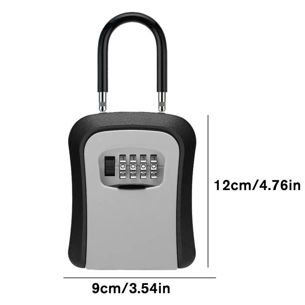 Black and grey metal key storage lock box with a four-digit combination dial and a shackle, labeled with dimensions.