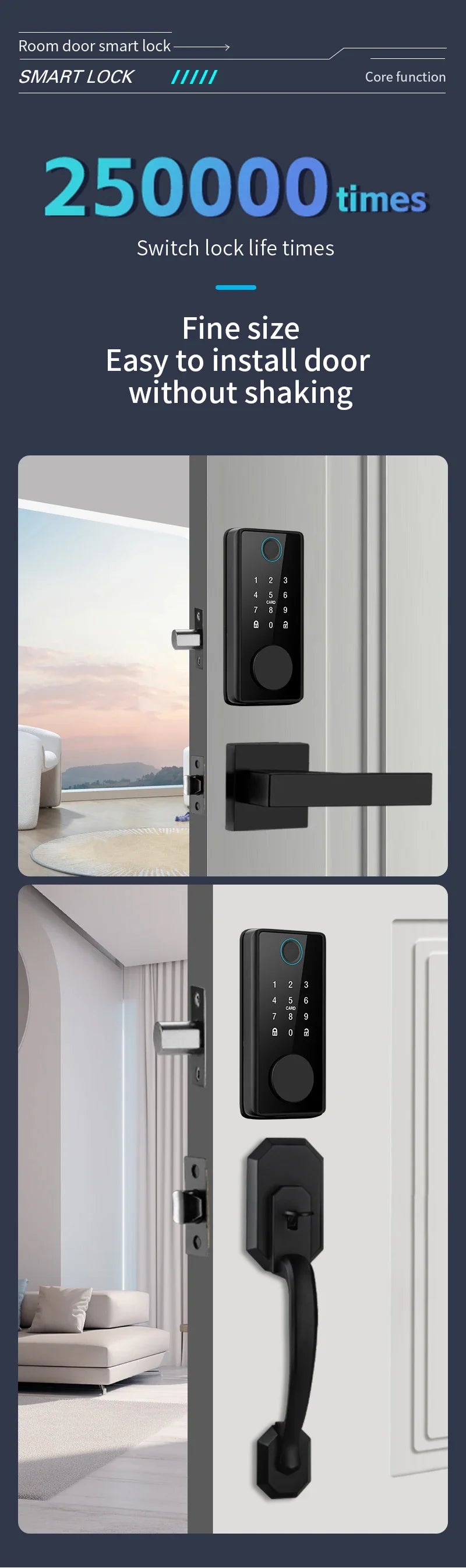 Black metal smart door lock with a digital keypad and handle, installed on a white door.