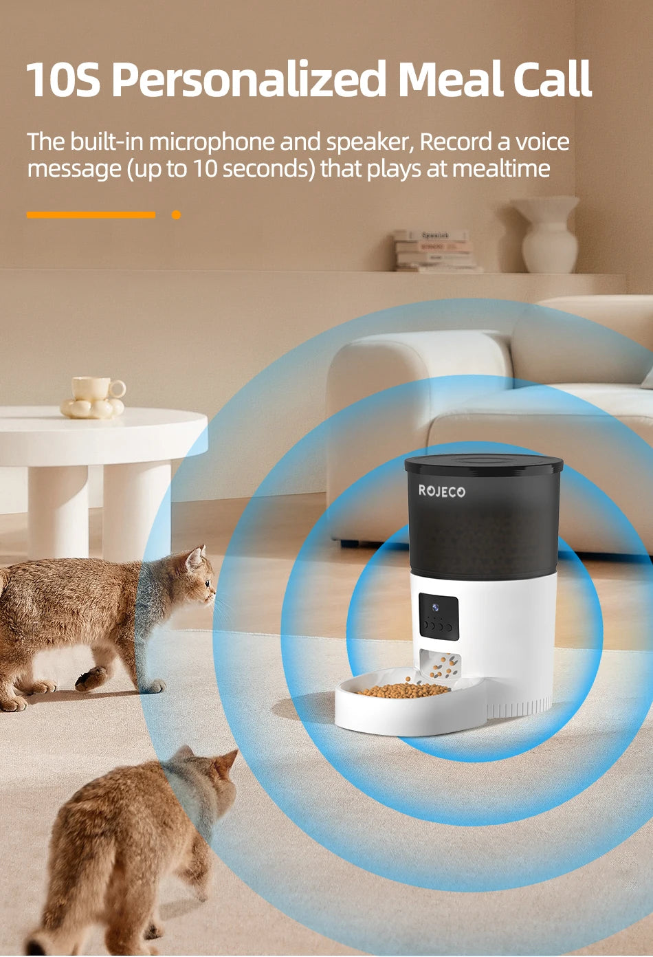 White and black automatic pet feeder for dry food, featuring a sleek, modern design with an integrated bowl.