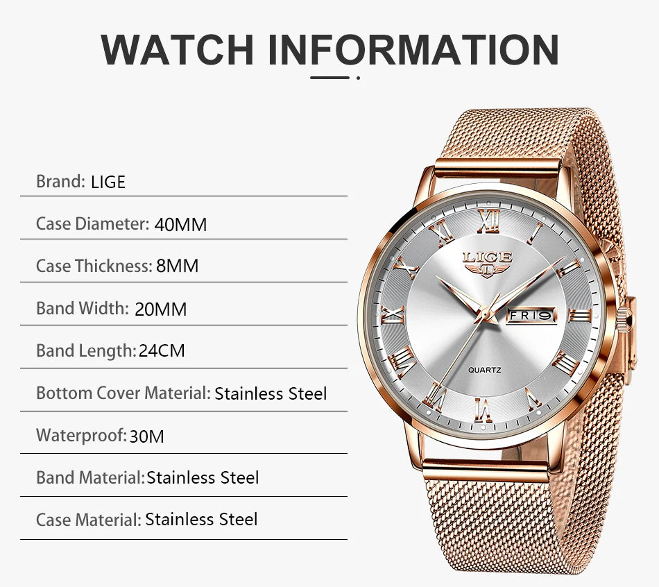 Elegant women’s rose gold stainless steel mesh bracelet watch with a silver sunray dial and Roman numeral markers.