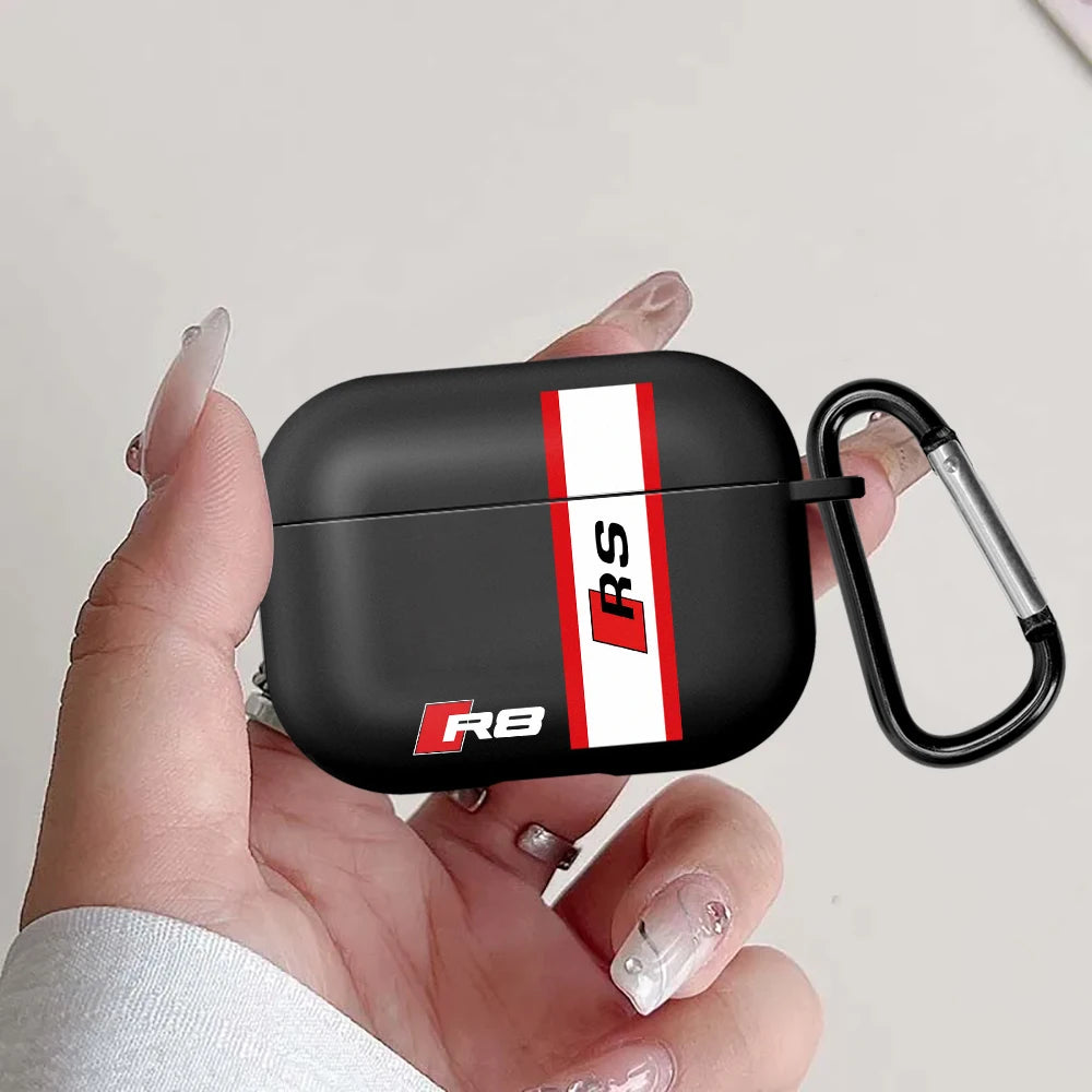 Black matte silicone AirPods Pro case featuring an Audi R8 and RS sports stripe design with a black carabiner clip.