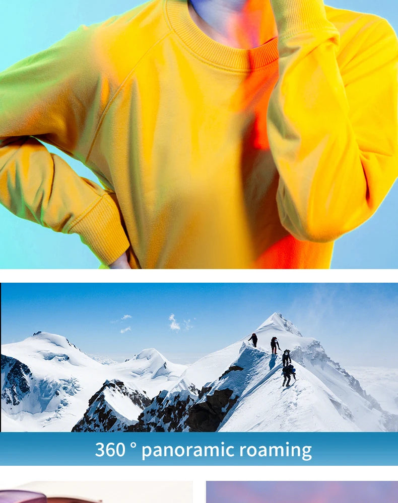 Person in a yellow jumper using a 3D VR smartphone headset to view a panoramic mountain climbing scene.