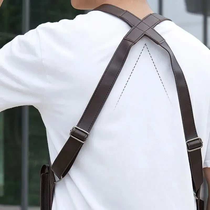 Dark brown tactical crossbody bag with adjustable straps worn over a white t-shirt, showing a secure X-back design.