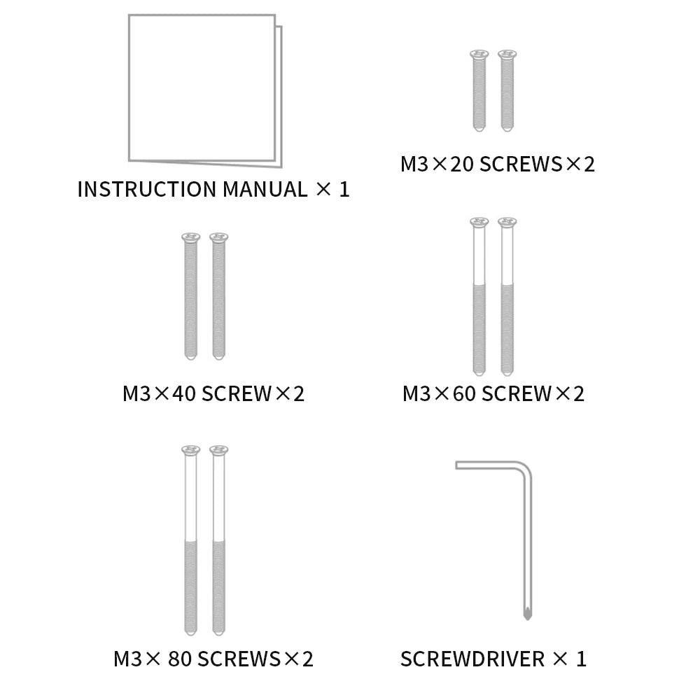 Line art showing the included installation kit: an instruction manual, various lengths of screws, and a screwdriver.