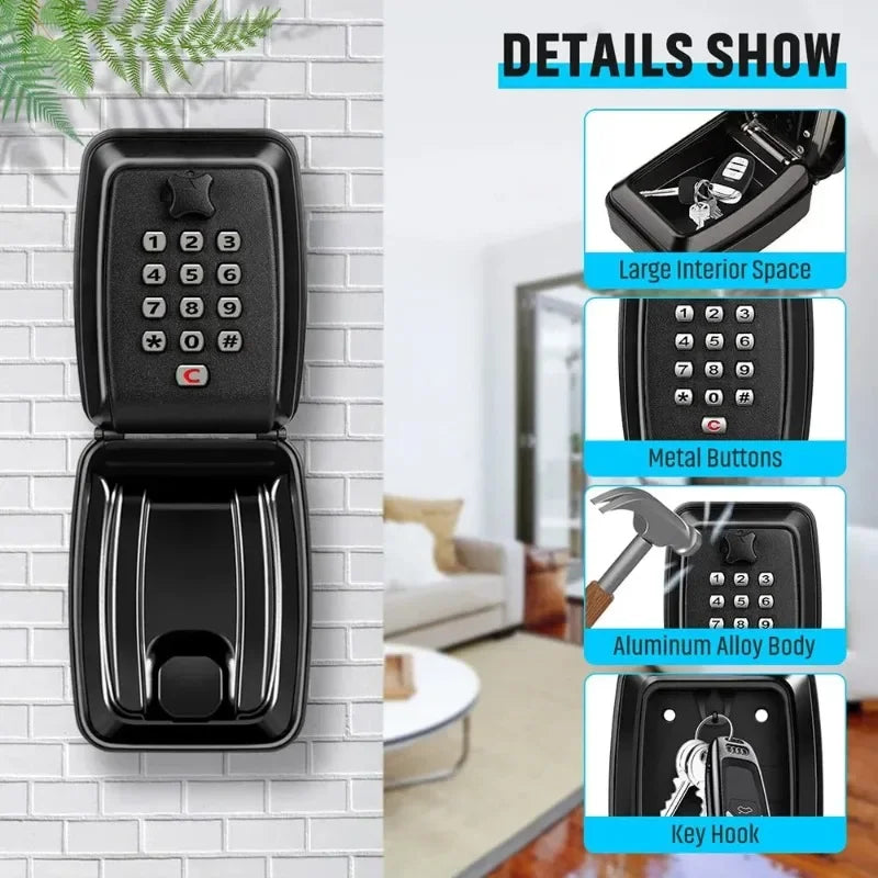 Black aluminum alloy wall-mounted key lock box with a digital push-button keypad and internal storage hook.