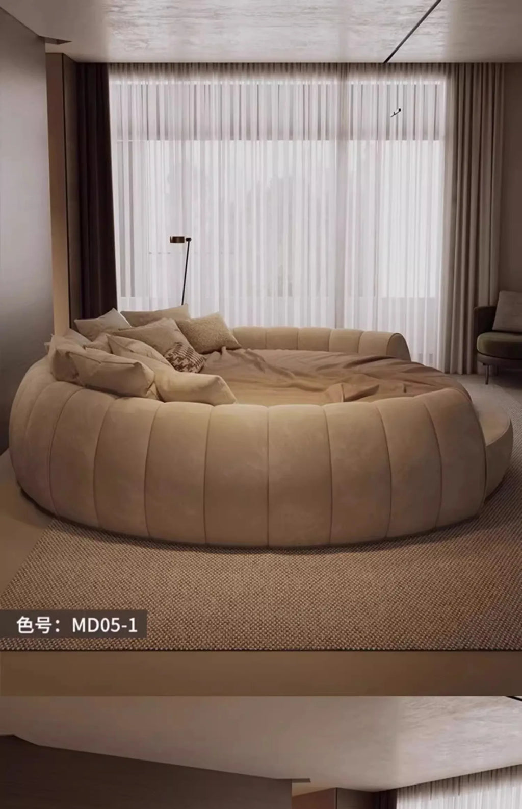Modern, beige, round upholstered bed with a channel-stitched frame and plush bedding in a minimalist bedroom.