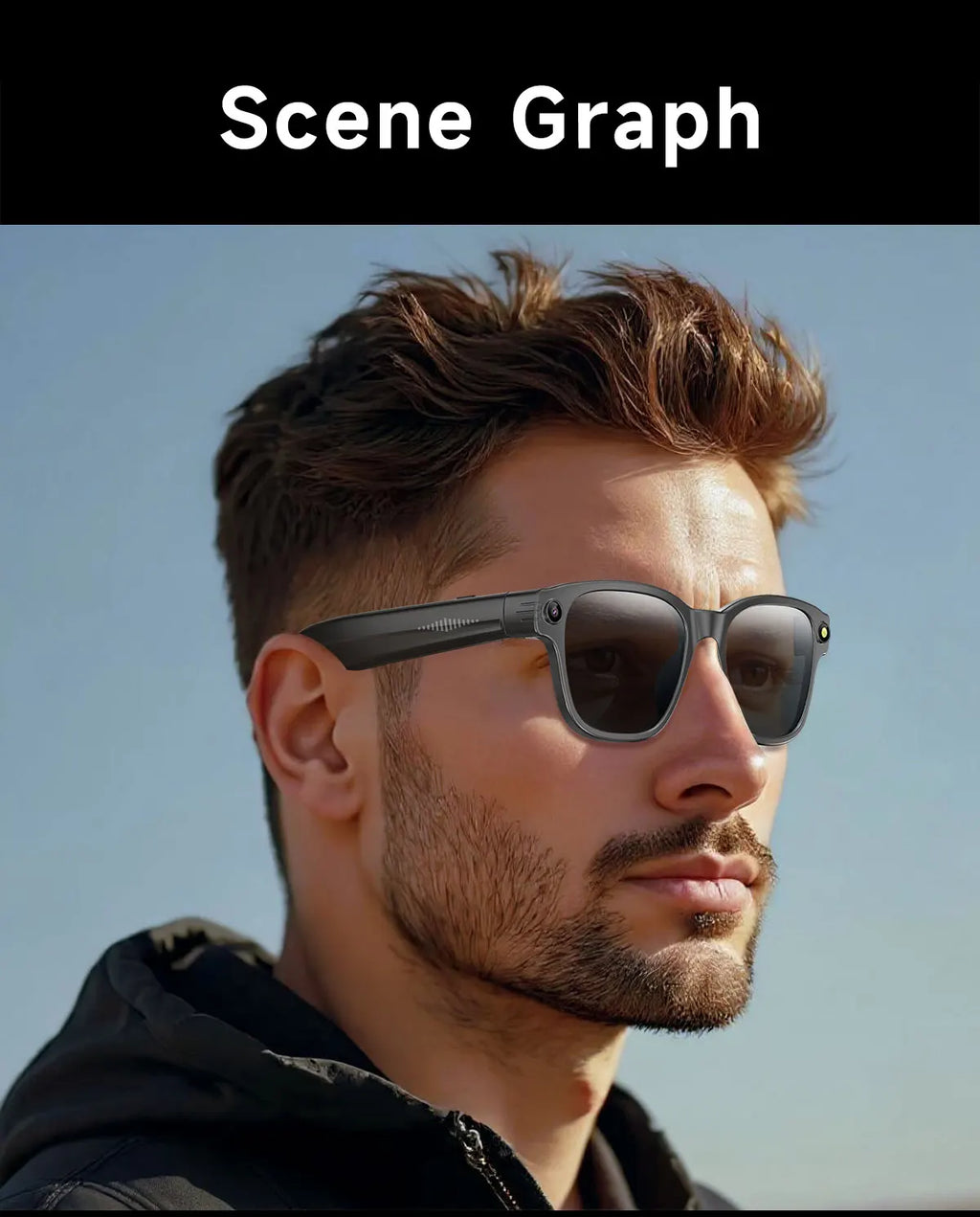 Man wearing sleek black smart glasses featuring an integrated camera and audio sensor on the frame temples.