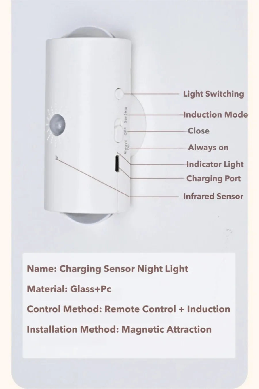 White, cylindrical magnetic cabinet light with an infrared motion sensor, charging port, and adjustable light modes.