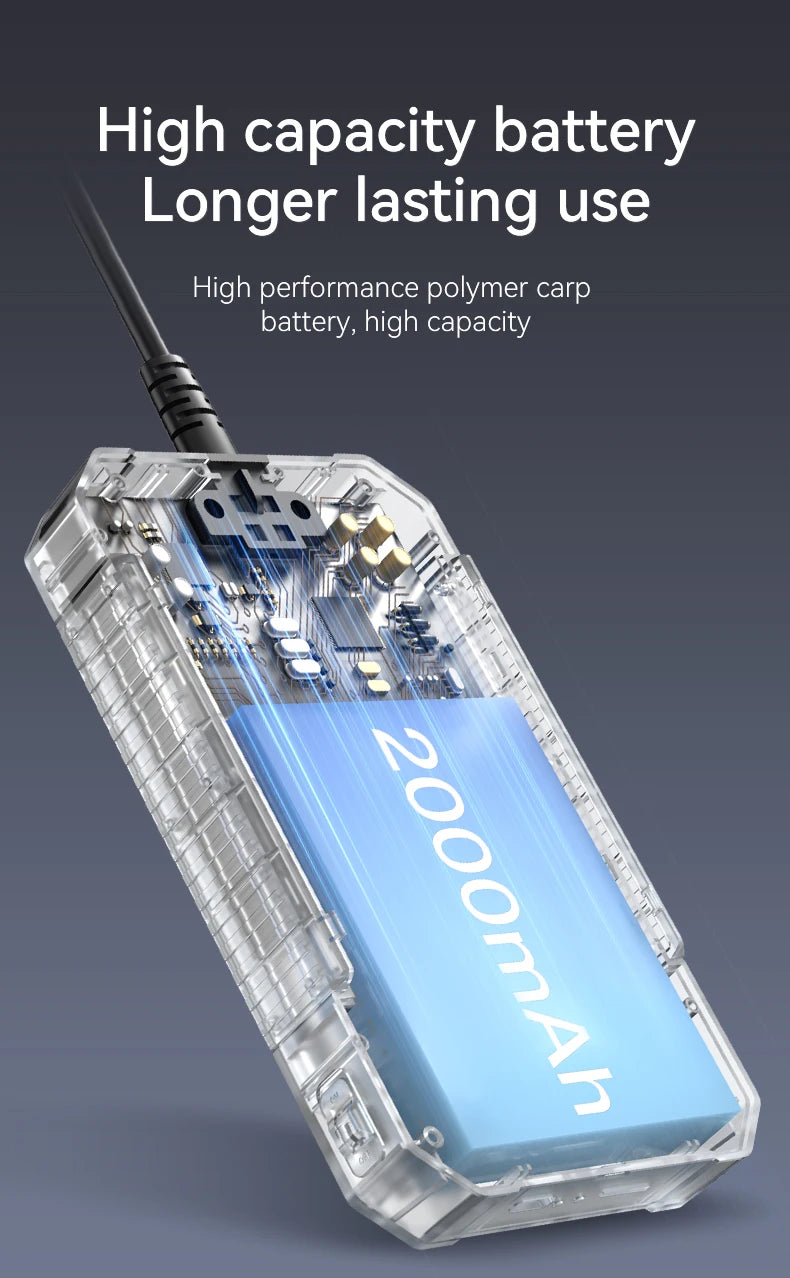 Transparent casing showing internal electronics and a blue 2000mAh battery for an industrial inspection camera.