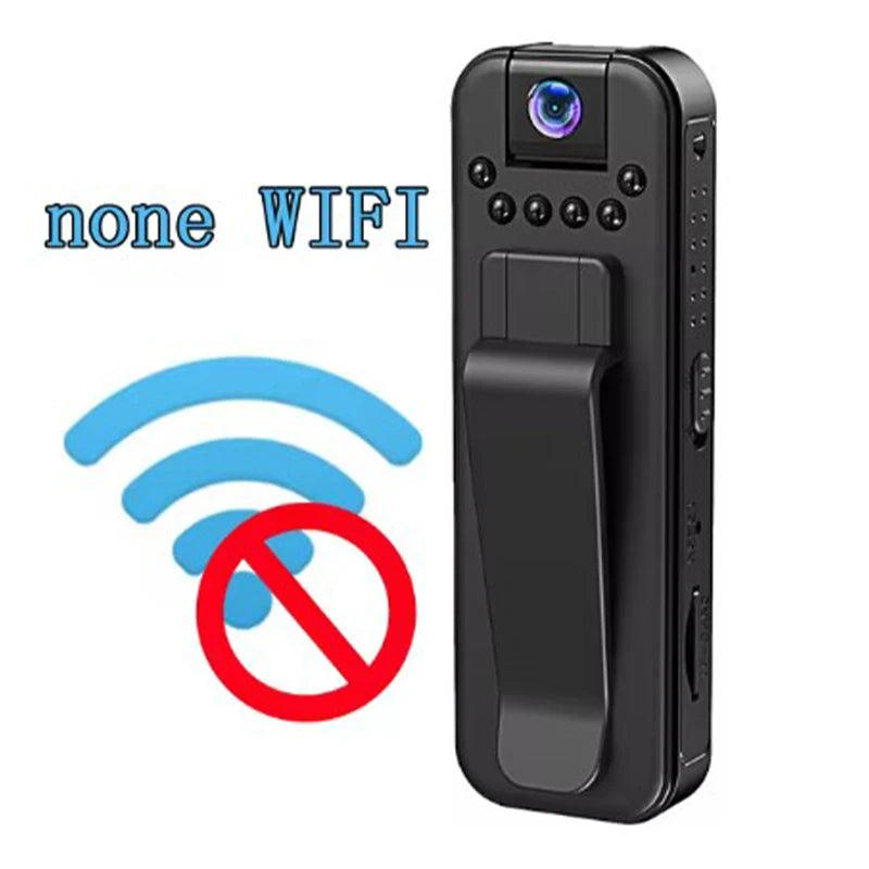 Black plastic body-worn camera with a clip and non-WiFi connectivity symbol.