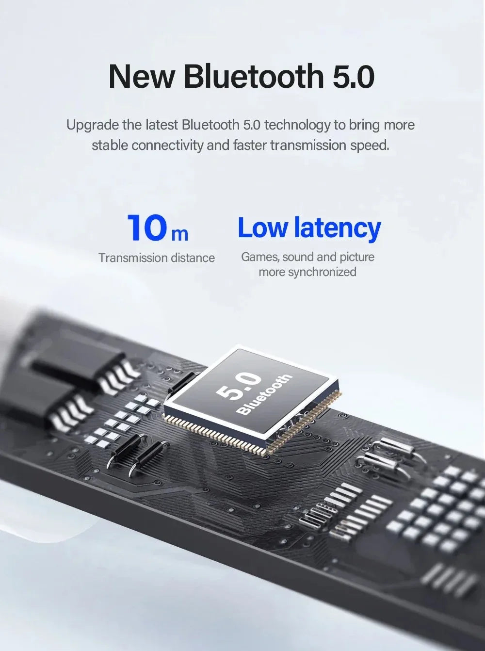 Black circuit board with a square Bluetooth 5.0 chip, featuring technical text on connectivity and low latency.